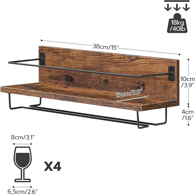 HOOBRO Wall Mounted Wine Rack 2 Pack, Wine Shelf Hanging Floating Wall Shelves, Wine Glass Bottle Rack Stemware Holder, for Living Room, Dining Room, Kitchen, Rustic Brown and Black BF28BJ01