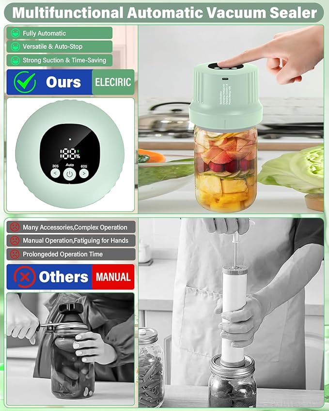 Mason Jar Vacuum Sealer Kit-Full-Automatic-Jar-Sealer-Vacuum-Sealing,3 in 1 Cordless Canning Jar Vacuum sealer with Wide&Regular Mouth Mason Lids/Reusable Vacuum Bags/Food Saver Vacuum Sealer for Jars