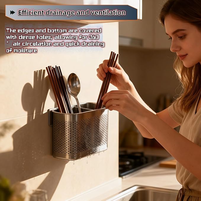 304 Stainless Steel Utensil Drainer, 2-Tier Silverware Drying Rack with Hooks, Anti-Rust Kitchen Sink Organizer & Cutlery Holder for Dishwasher, Countertop Space-Saving Storage, Brushed Finish