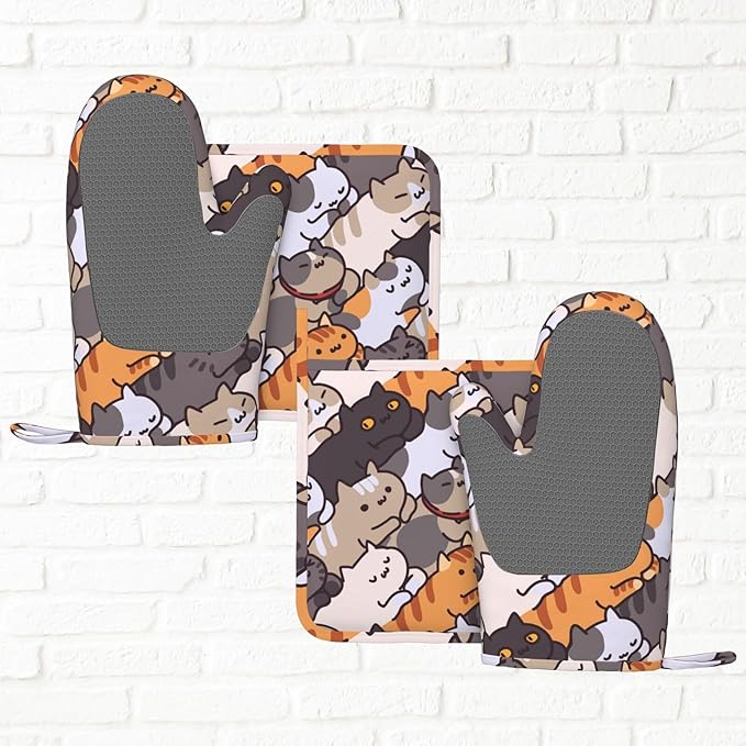 Fun Cat Cartoon Animal Face Oven Mitts and Pot Holders Set of 4 Silicone Heat Resistant Oven Mitten Potholders Non Slip Gloves Kitchen Decor for BBQ Cooking Grilling Baking