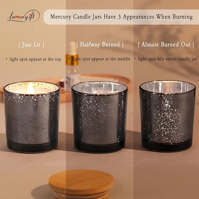 LAMORGIFT 15 Pack Dark Gray Candle Jars With Lids - 8oz Mercury Glass Candle Making Containers - Includes 20 Pcs Labels
