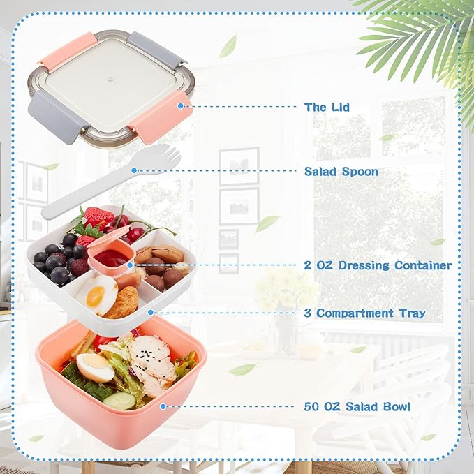 Tessco for you 6 Pcs Salad Lunch Container 50 oz Salad Container with 3 Compartment Reusable Bento Box for Adults Stackable Lunch Bowl for Meal Snack Fruit(Pink,Blue,Green)