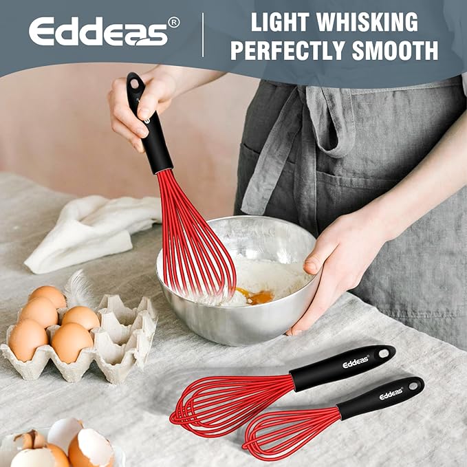 Silicone Whisk, 500°F Heat Resistant Whisks For Cooking, Non-Scratch Coated Whisks set of 3 7",9"&11inch, Balloon Kitchen Wisk tool Set, for Wisking, Blending, Beating, Stirring, Red
