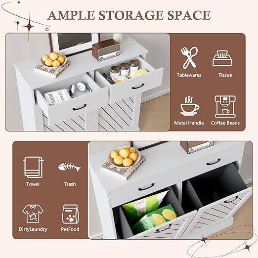 Double Tilt-Out Trash Can Cabinet, 2x13 Gallons Hidden Garbage, Hidden Kitchen Trash Cabinet with Storage Drawer, Pet-Proof Wooden Garbage & Recycling Cabinet for Kitchen, Laundry & Living Room, White