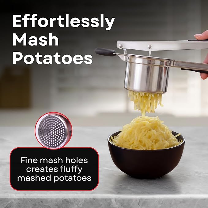 Large 15oz Potato Ricer - Professional 430 Stainless Steel Masher for Fluffy Mashed Potatoes, Gnocchi, Guacamole & Baby Food - Ergonomic Non-Slip Handles, Heavy Duty & Dishwasher Safe Kitchen Press