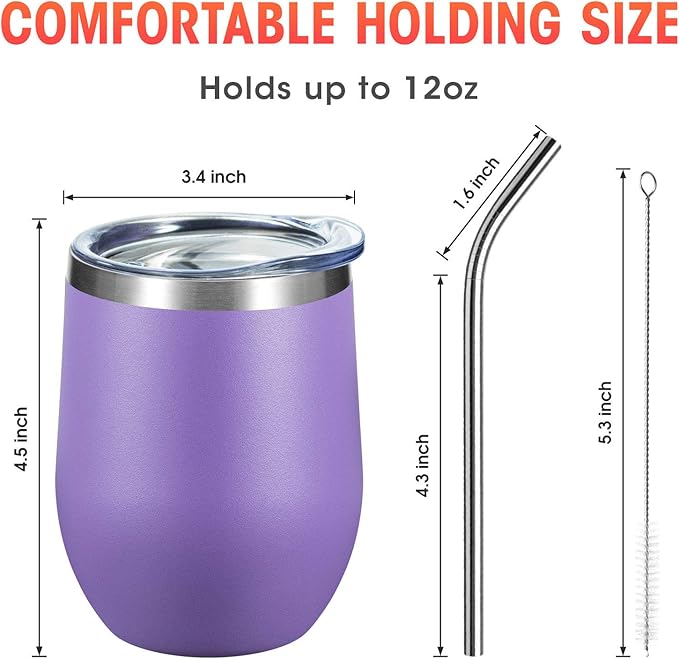 COMOOO Stainless Steel Wine Tumbler 4 Pack with Lid and Straw 12oz Double Wall Vacuum Insulated Travel Tumbler Cup Stemless for Hot and Cold Drinks, Coffee, Wine, Cocktails, Purple