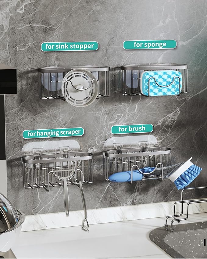 HapiRm Kitchen Sponge Holder for Sink - 2 Installation Methods Kitchen Sink Caddy Organizer with Unique M-Shaped, Rustproof Stainless Steel Sponge Caddy - Brushed Nickel (Large)