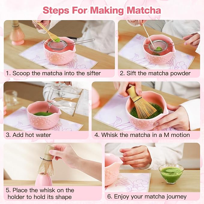 Matcha Whisk Set, 8-Piece Ceramic Japanese Matcha Bowl & Accessories Kit for Traditional Tea Ceremony, Home Use & Gifts (Pink)