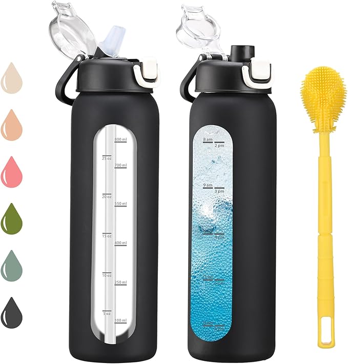 chunmo 32 oz Glass Water Bottles with 2 Lids-Handle Spout Lid & Straw Lid, 1 Liter Motivational Borosilicate Water Bottle with Time Marker and Silicone Sleeve,Leakproof-Black-1 Pack