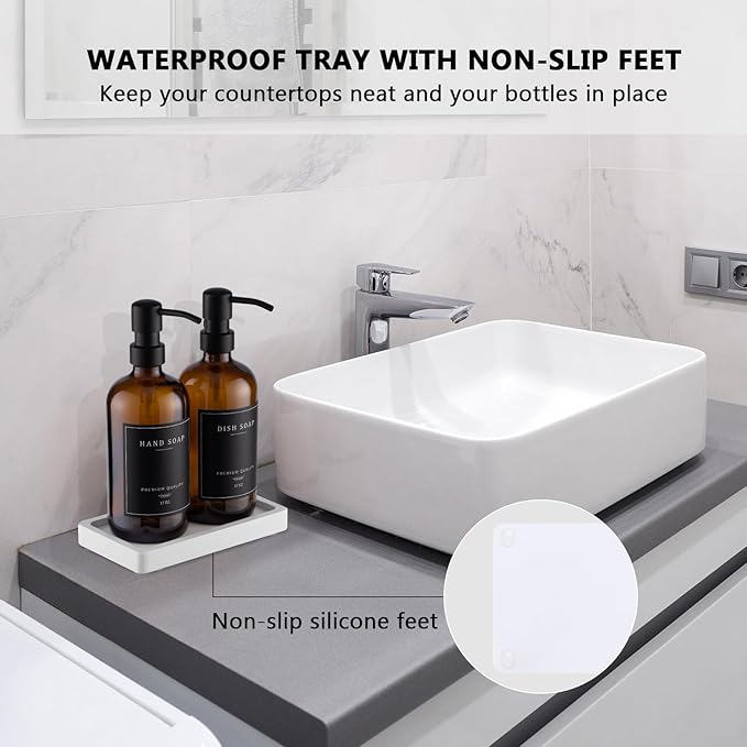 Thick Glass Soap Dispenser - Kitchen Dish Hand Soap Dispenser Set, Rustproof Pump Soap Lotion Dispenser Bathroom with Tray,14 Stickers for Kitchen Decor Amber Bottle/Black Pump