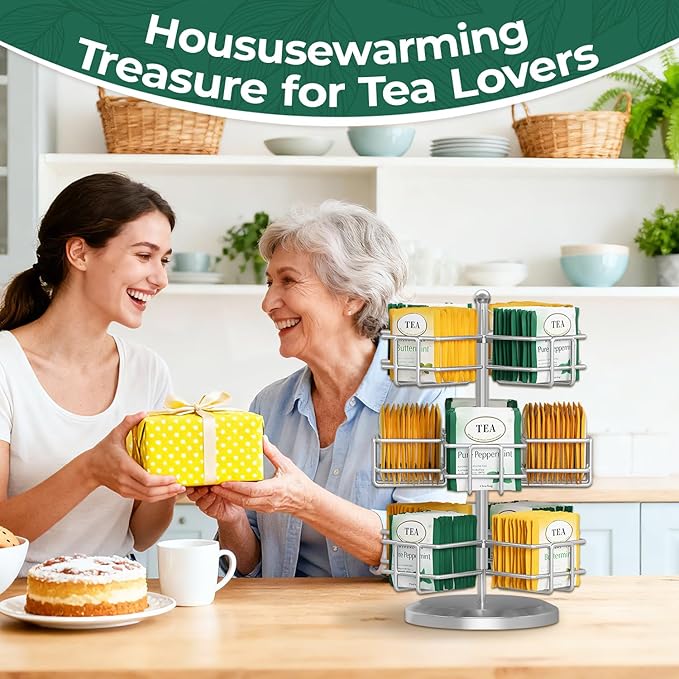 EsLuker.ly Tea Bag Holder Organizer for Counter 3 Tier Metal Tea Bag Storage Rack, Spinning Carousel Tea Packet Display Stand, Tea Organizer Station with Easy Access for Kitchen Office, Silver