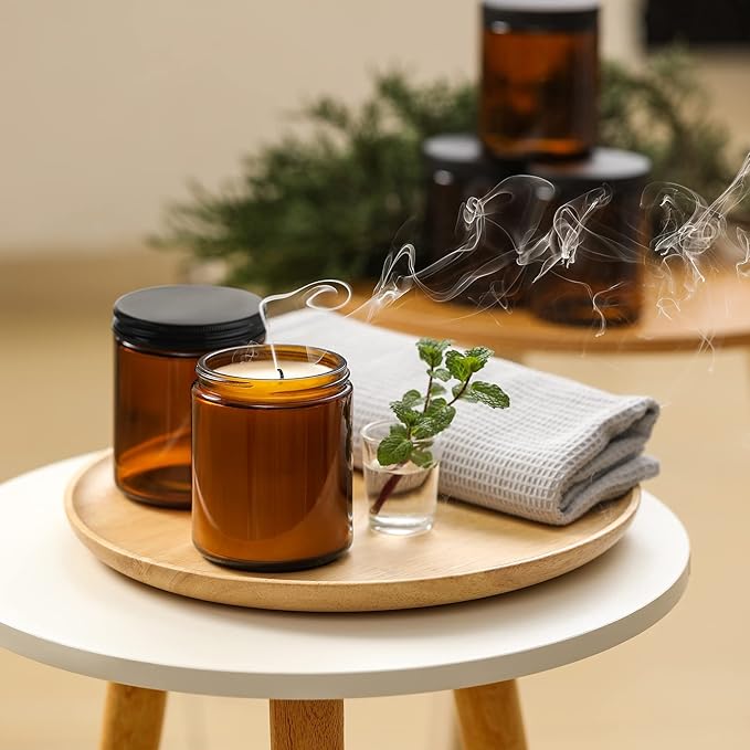24 Pack, 8 OZ Thick Amber Candle Jars for Making Candle - Round Glass Jars with Lids - Empty Food Storage Containers, Canning/Mason Jar For Spice, Powder, Liquid, Sample - Leakproof & Food Grade