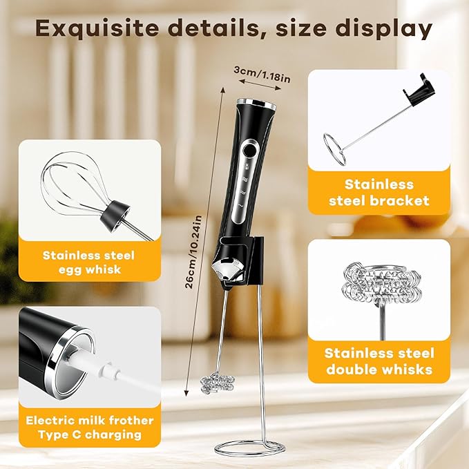 Milk Frother Handheld Rechargeable with Stand Frother Wand Foam Maker 3 Speed Adjustable Hand Mixer with Detachable Stainless 2 Whisks Electric Coffee Frother Stirrer For Latte, Cappuccino, Egg