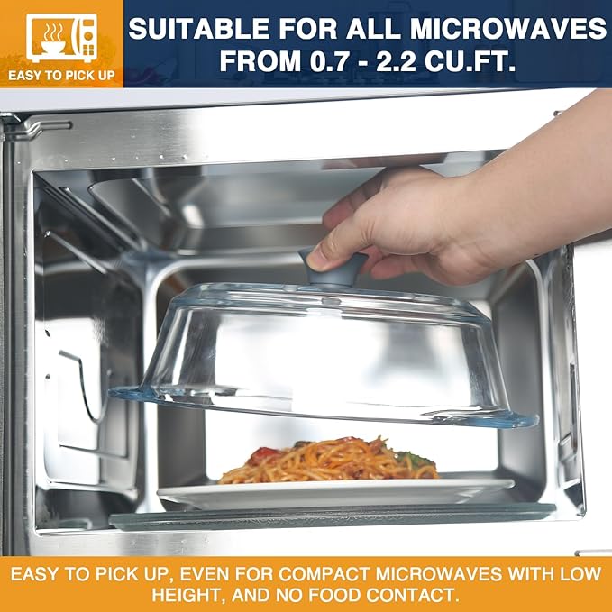 lopeztek Glass Microwave Splatter Cover, Glass Microwave Oven Covers for Food, Splatter Guard for Dish Plate, BPA Free & Dishwasher Safe Lid with Silicone Handle