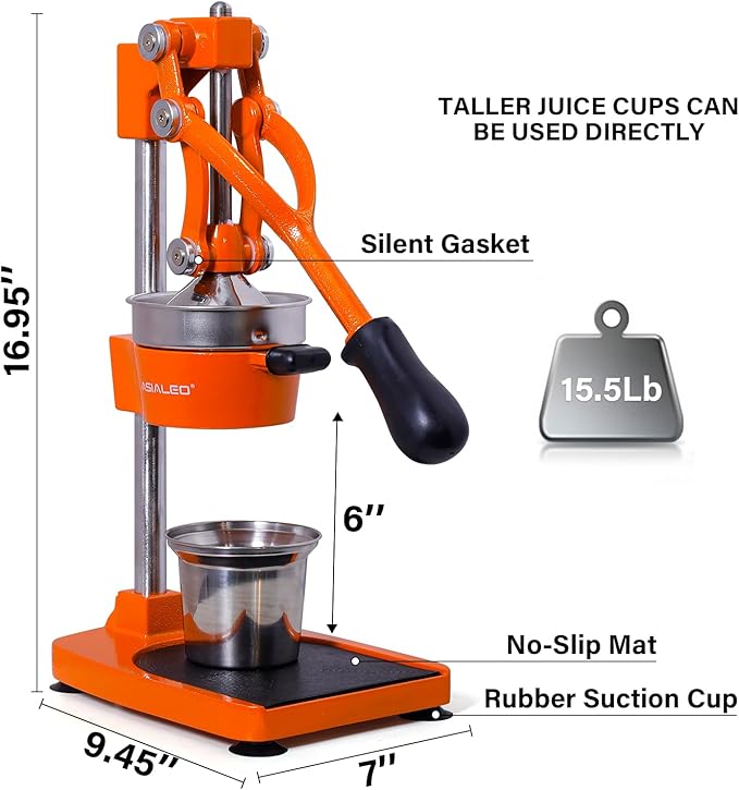 Manual Cast Iron Citrus Juicer,Commercial Hand Press,Heavy Duty Countertop Squeezer for Fresh Orange Lemon Juice,Stable When Pressed,Easy to Use & Clean (Orange)