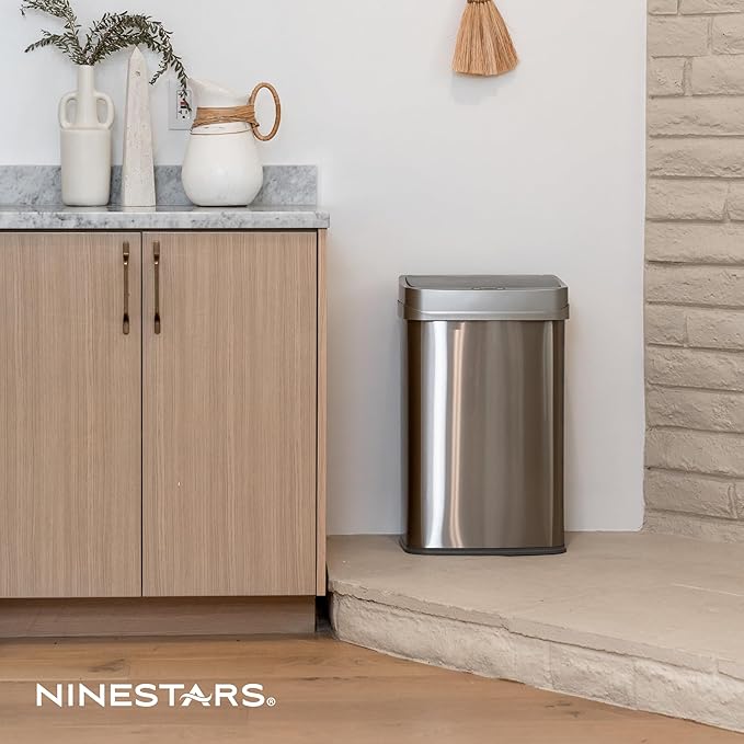 Ninestars 13 Gallon Automatic Trash Can, 50L Touchless Motion Sensor Garbage Can with Odor-Sealing Lid, Rectangular Stainless Steel, Silver Trim