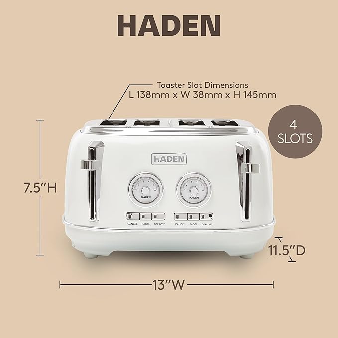 Haden Dorset 4 Slice Wide Slot Stainless Steel Toaster with Adjustable Browning Control & Non-Slip Feet, Ivory & Chrome