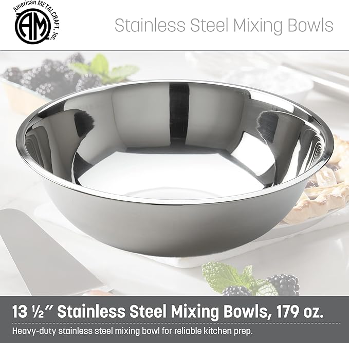 American Metalcraft SSB800 Stainless Steel Mixing Bowl - Durable, Commercial-Grade, Metal Bowl For Mixing - Wide-Rim, Stackable, Dishwasher Safe, 8qt, Silver