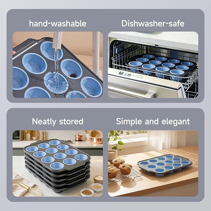Boyun Silicone Muffin Pan for Baking,No-Spill Easy-Transfer Design,Reinforced Steel Frame, Non-Stick & Dishwasher Safe,12-Cup Regular Size Muffin & Cupcake Pan Bakeware for Oven (Blue 2pcs)