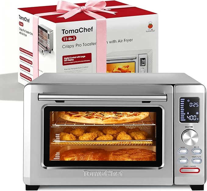 TomaChef Air Fryer Toaster Oven Combo, 26.5QT Large Capacity with Visible Window, 11-in-1 Countertop Toaster Oven, 85% Less Oil Healthy Cooker for Family, PFAS Free & Stainless Steel