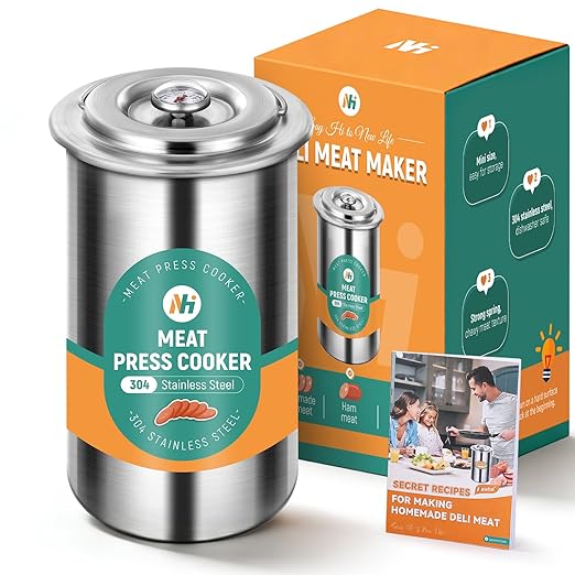 Newhai Deli Meat Maker for Making Ham Deli Lunch Homemade Sandwich Stainless Steel Meat Press Tool Cooker with Thermometer Recipes Cooking Bags
