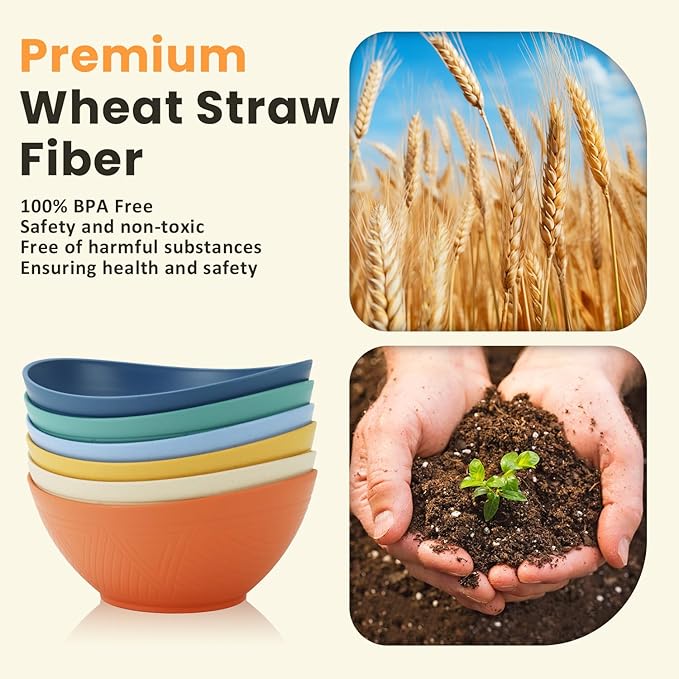 Homienly 60oz Wheat Straw Bowls Set of 6 Salad Bowls Large Popcorn Bowl Unbreakable Serving Bowls Microwave & Dishwasher Safe Bowl Set Centerpiece Bowls for Kitchen, Party, Decor, Camping (Multi)