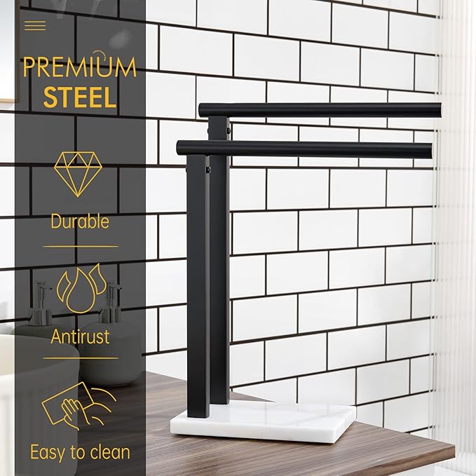 KOKOSIRI Hand Towel Racks Stand Towel Holder 2-Tier with Marble Base for Bathroom Vanity Countertop, Matte Black Stainless Steel 15.7'' Height THS0007-BK