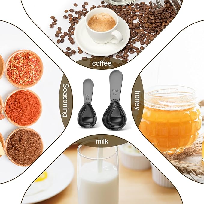 Safring Stainless steel coffee scoop 2-piece set (1 tbsp, 2 tbsp) durable Tablespoon, ergonomic measuring spoon, Suitable for small and large jars，short-handled spoon (Black)