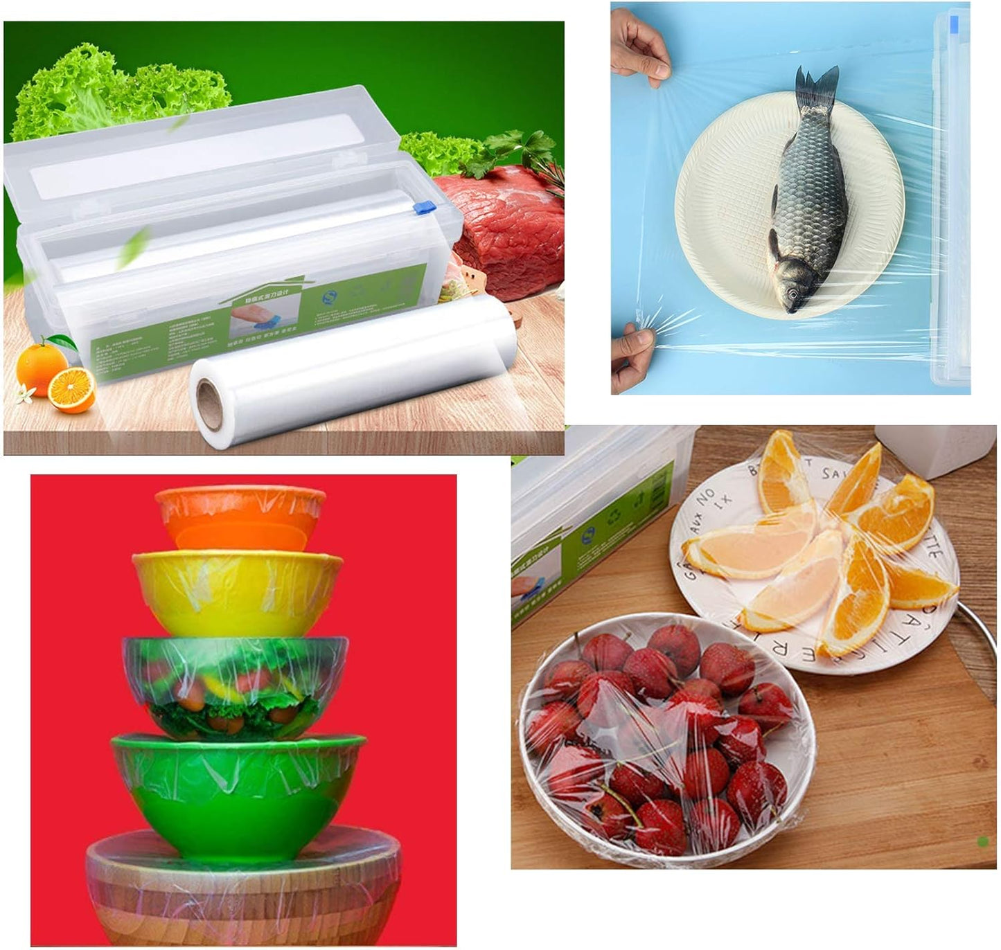 Plastic Cling Wrap Dispenser With Slider Cutter - Refillable Food Wrap Stretch Clear Film 12 Inch 650 Ft (Cutting Box + Cling Film)
