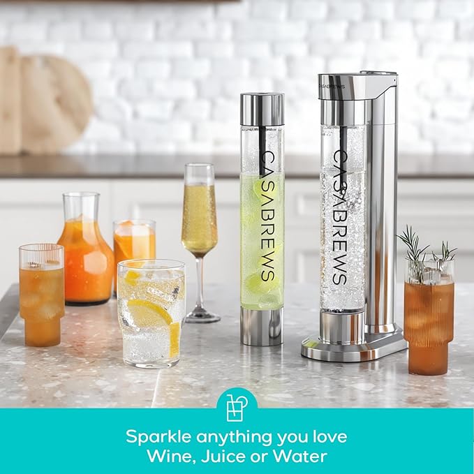 CASABREWS EDGE Soda Streaming Machine, Stainless Steel Sparkling Water Maker with Dual Safety Valves, BPA Free Bottle Soda Maker Carbonates Water, Wine, Juice, Uses 60L CO2 Carbonators (NOT Included).