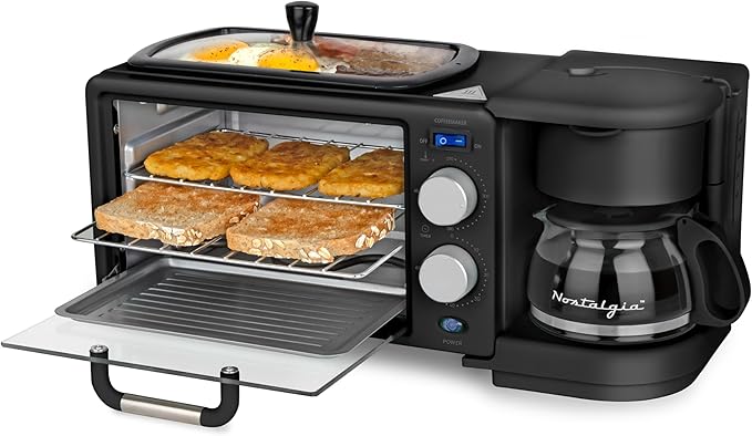 Nostalgia 3-in-1 Retro Breakfast Station - Includes 5 Cup Coffee Maker, Non-Stick Ceramic Griddle, and 4-Slice Toaster Oven - Built-In Timer, Reusable Coffee Filter, Space-Saving Design - Black