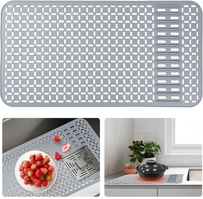 Silicone Sink Mat 28.4''x15.2'' Kitchen Sink Protector With DIY Drain Hole, Grey Farmhouse Silicone Protector 1pcs Kitchen Sinks Accessories