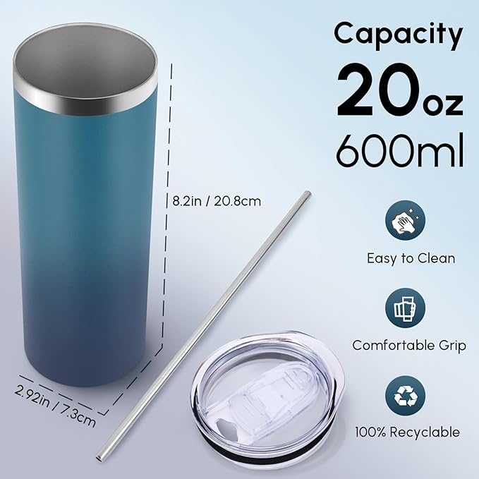 Volhoply 4 Pack Skinny Tumblers with Lid and Straw, 20oz Stainless Steel Straight Tumbler Bulk, Vacuum Insulated Coffee Mug for Home, Office, Travel, DIY (Mix Color,4 Pack)