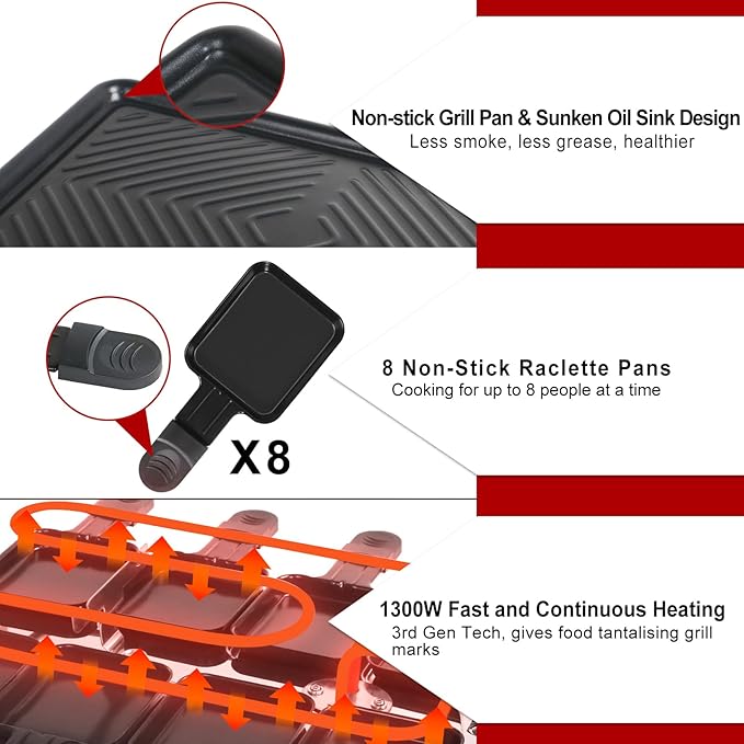 Electric Raclette Grill & Korean BBQ - 8 Non-Stick Cheese Trays, 1300W with Temperature Control, Dishwasher-Safe Indoor Grill for Family Gatherings & Interactive Dinner Parties