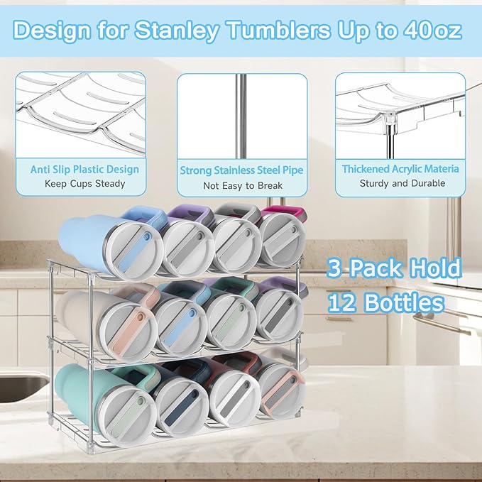 Stackable Water Bottle Organizer for Stanley 40 oz Tumbler, Larger Water Bottle Holder for Kitchen Cabinet, Pantry Organizers and Storage for Stanley Cup and Tumbler Organizer, Hold 12 Bottles