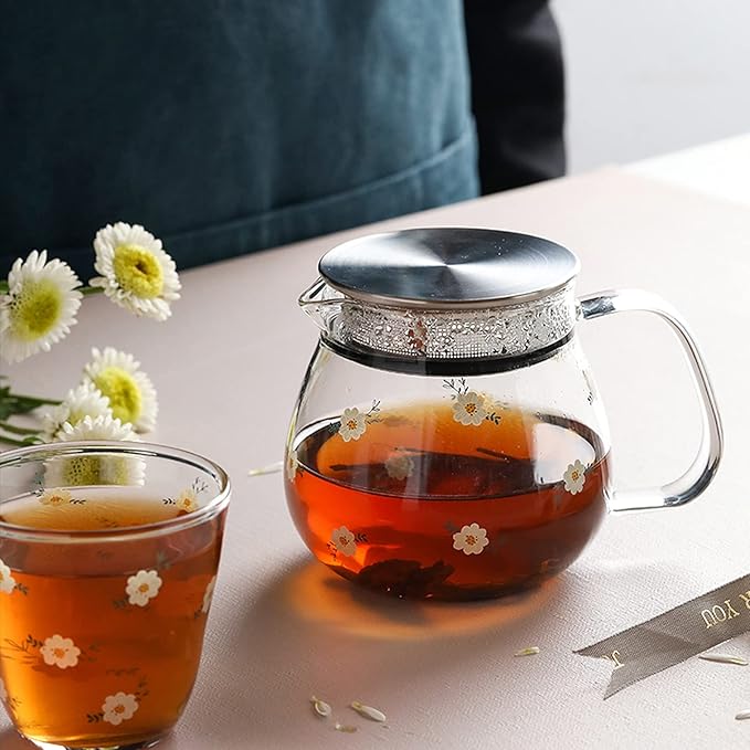 Iced Tea Pitchers High Borosilicate Glass Pitcher with Filter Cover Cute Cold Water Jug Small Teapot for Juice, Milk, Hot and Cold Drinks (A)