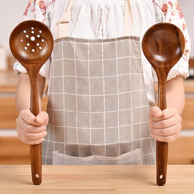 Large Wooden Spoons for Cooking, 2-Piece Premium Teak Wooden Utensils for Cooking, Heavy-Duty & Heat Resistant, 13.7"L x 3.7"W