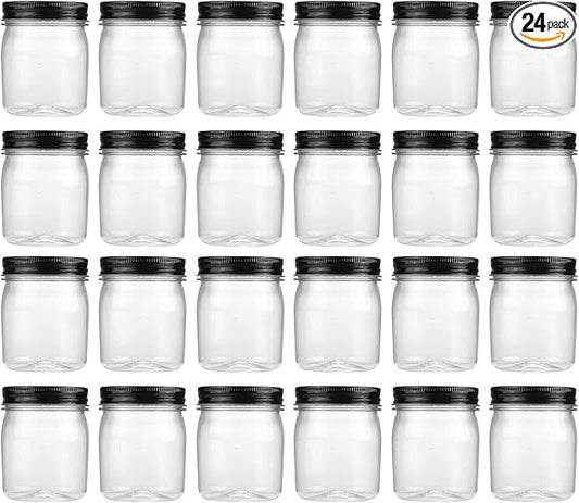 novelinks 8 oz Clear Plastic Jars with Airtight Lids, 24 Pack Plastic Mason Jars with Lids 8oz, Refillable Storage Slime Containers & Small Spice Jar for Kitchen Organization (24 Pack,Black)
