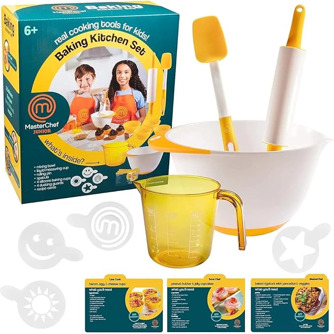 MasterChef Junior Baking Kitchen Set for Kids - 7 Pc. Kit Includes Real Cooking Tools for Kids w Recipes, Xmas Holiday Gift Party- Homemade Treats