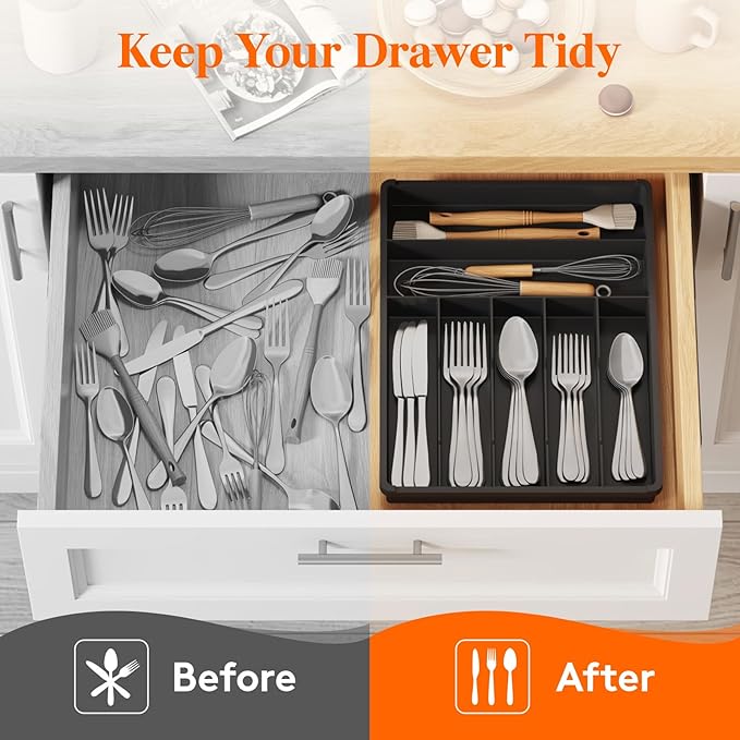 Lifewit Silverware Drawer Organizer Tray, Plastic Cutlery Storage for Kitchen, Flatware and Utensil Holder Divider for Spoons Forks Knives Tableware, 12.3 x 16", 7 Slots, Black