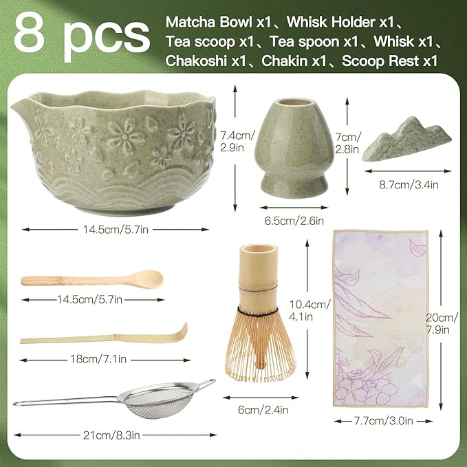 Matcha Whisk Set, 8-Piece Ceramic Japanese Matcha Bowl & Accessories Kit for Traditional Tea Ceremony, Home Use & Gifts(Green)