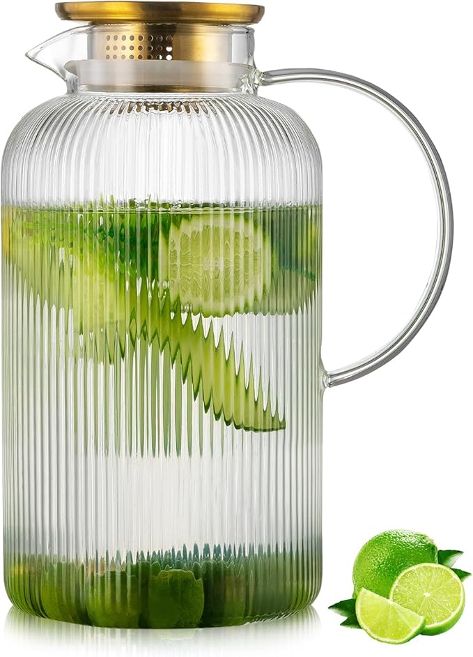 Buaic Glass Pitcher with Lid, 100 oz/ 3 Liter Classic Vertical Stripes Water Pitcher,Glass Water Carafe for Cold Brew, Coffee, Lemonade, Iced Sun Tea,Beverage, Milk, Heat Resistant