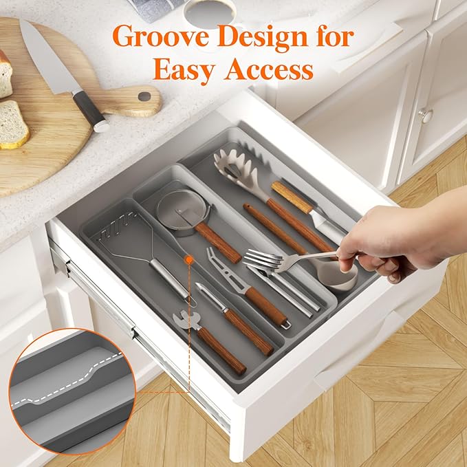 Lifewit Utensil Organizer for Kitchen Drawer, Expandable Cooking Silverware Tray, Adjustable Cutlery Flatware Holder, Plastic Spatula Tools Storage Divider, 14.4 x 15.8", Gray