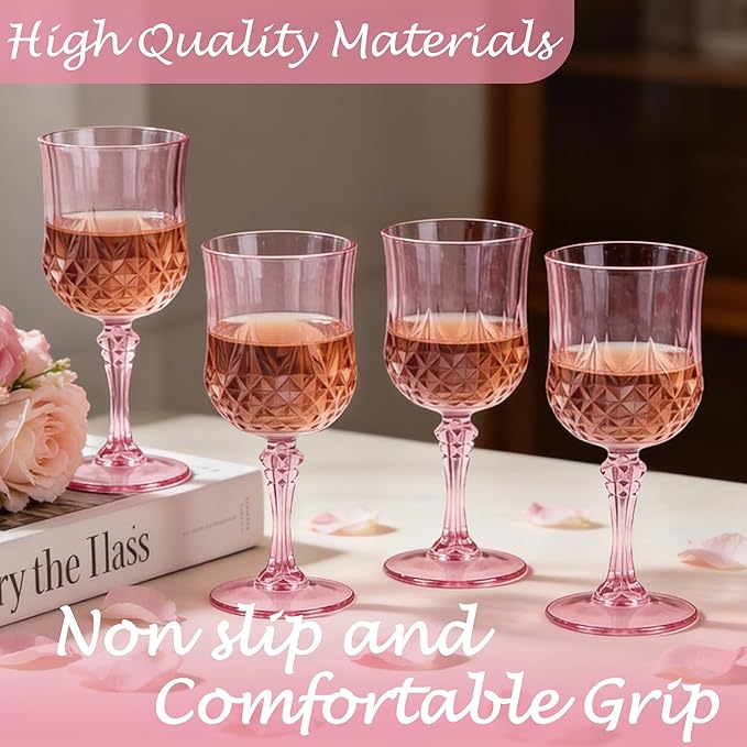 Plastic Wine Glasses, Plastic Goblets Vintage Style Cordial Unbreakable Drinking Glasses,Reusable Drinkware for Wedding Reception, Grand Event Party Supplies, Mother's Day(12, Pink)
