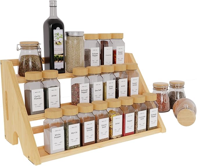 Bamboo Spice Rack Organizer -3-Tier Spice Rack for Countertop,Cabinet Spice Rack Organizer for 24 Spice Jars(4oz)，Step Shelf (yellow)