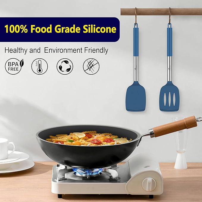 HOTEC Silicone Spatula Set of 2 Heat-Resistant 600°F & BPA-Free Kitchen SaptulaTurner with Stainless Steel Handles, Slotted & Solid Spatulas for Nonstick Cookware, 13.7 Inch, Classic Blue