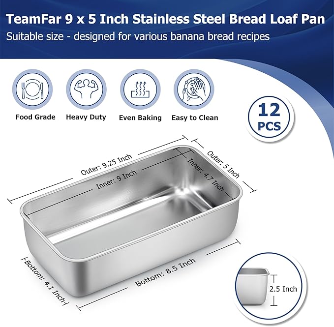 TeamFar Loaf Pans for Baking, 9 x 5 Inch Stainless Steel Loaf Bread Pans Tins for Homemade Bread/Brownies, Healthy & Sturdy, Oven & Dishwasher Safe - Set of 12
