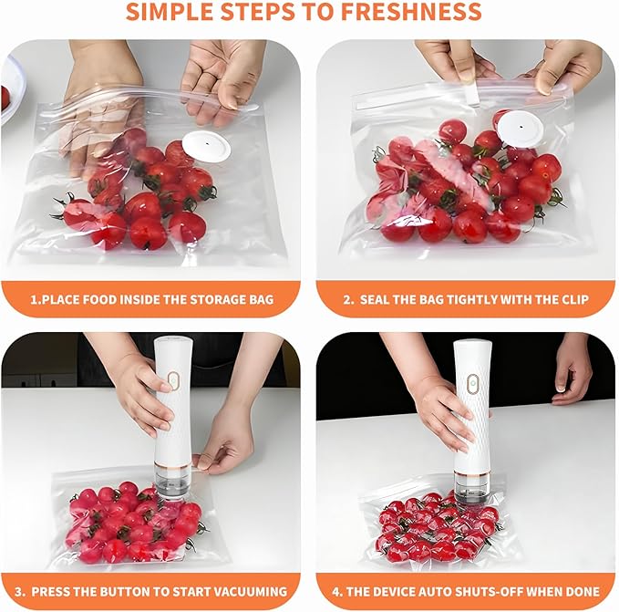 Vacuum Sealer for Food – Keeps Food Fresh up to 10× Longer, Cordless & rechargeable & strong suction for storage & sous vide(Handheld Vacuum Sealer + 10 Reusable Vacuum Bags)