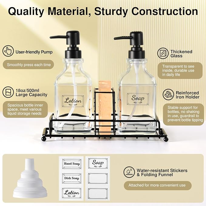 Shinowa Kitchen Soap Dispenser Set, Hand and Dish Soap Dispenser with Tray, 2-Pack Thick Glass Dish Dispenser for Kitchen & Bathroom, Soap and Lotion Dispenser Set Kit with Pump