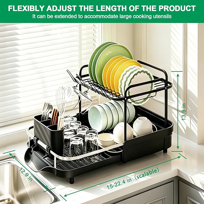 Dish Drying Rack for Kitchen Counter, 2 Tier Large Expandable Dish Drainer with Drainboard Set and Removable Utensil Holder, Space-Saving Countertop Organizer